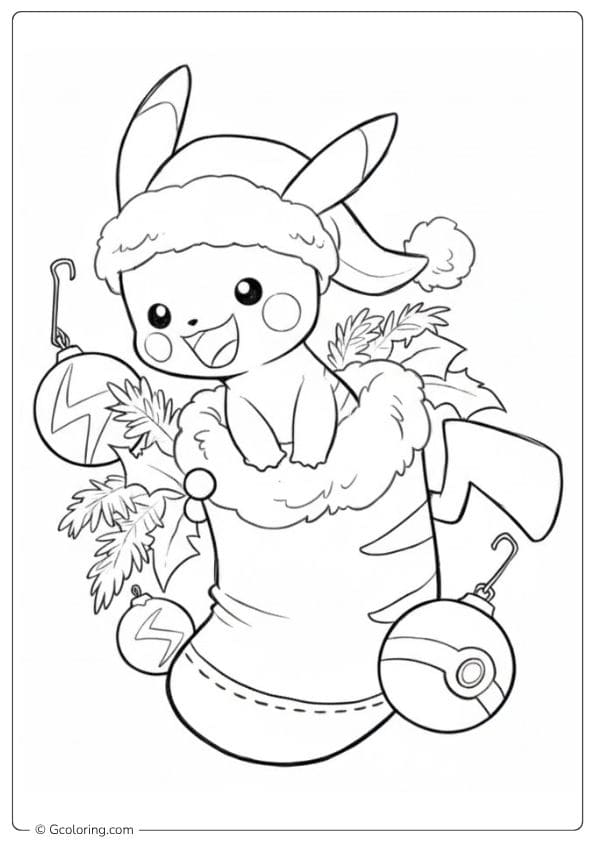Pikachu in a Christmas Stocking Pokemon Coloring Pages