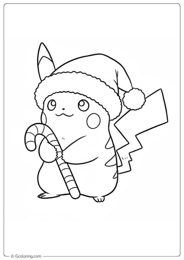 Pikachu with a Santa hat and candy cane simple outline for pokemon christmas coloring pages