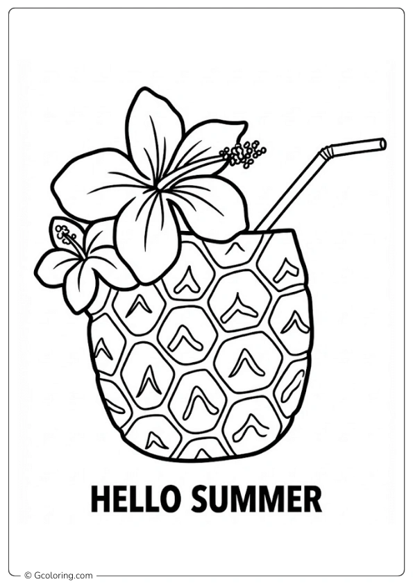 Pineapple with Hibiscus Flower Coloring Pages