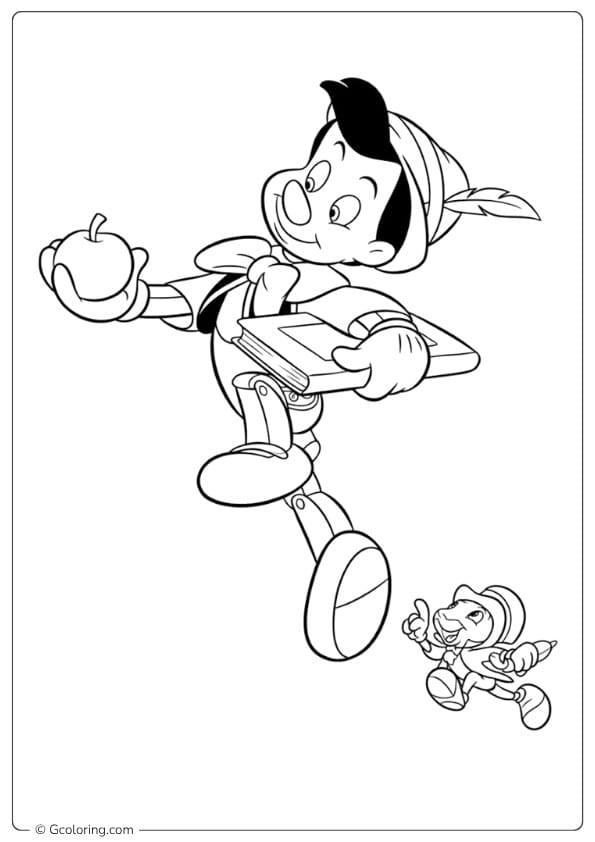 Pinocchio with Apple and Book pinocchio coloring pages