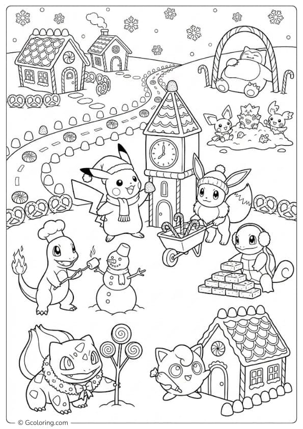 Pokémon Building a Living Gingerbread Town Coloring Pages