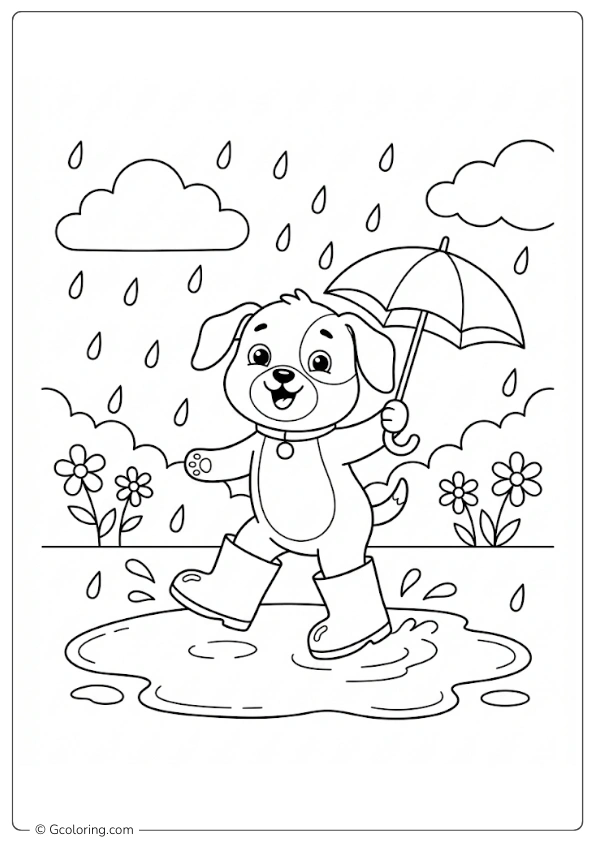 Puppy enjoying the rain with boots Coloring Pages