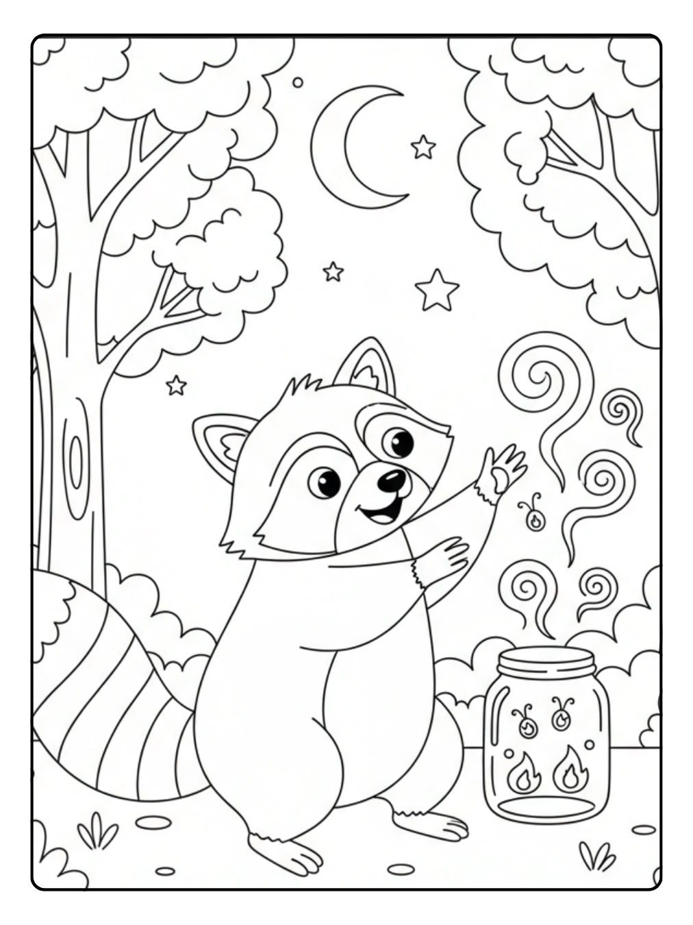 Raccoon Coloring Page Catching Fireflies