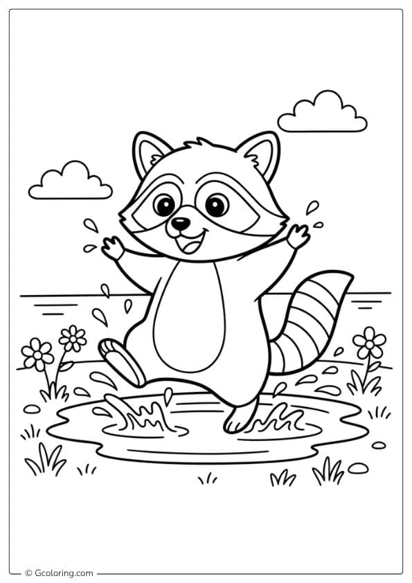 Raccoon Splashing in Water Coloring Page