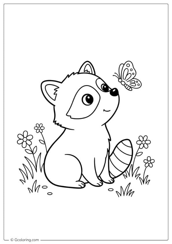 Raccoon With Butterfly Coloring Page