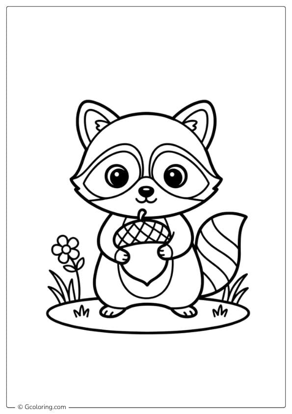Raccoon with Acorn Coloring Page