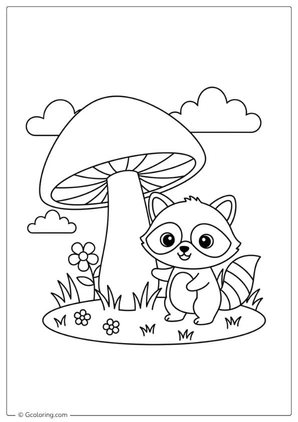 Raccoon with Mushroom Coloring Page