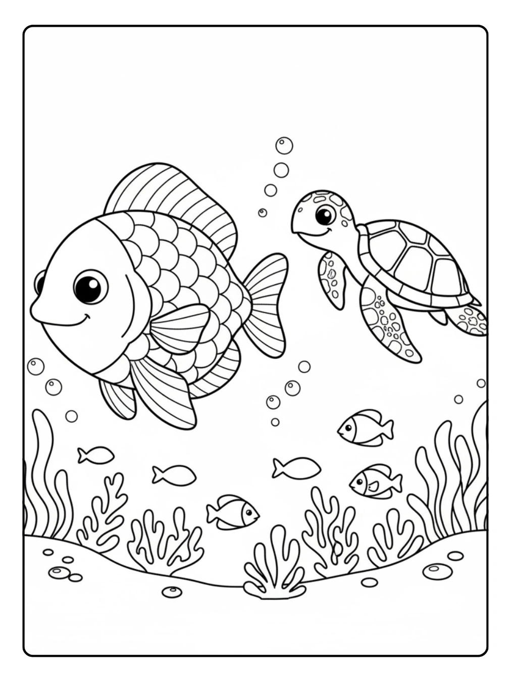 Rainbow Fish Coloring Page with Sea Turtle