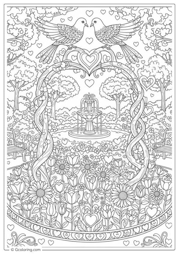 Romantic Garden Scene – love coloring pages for adults