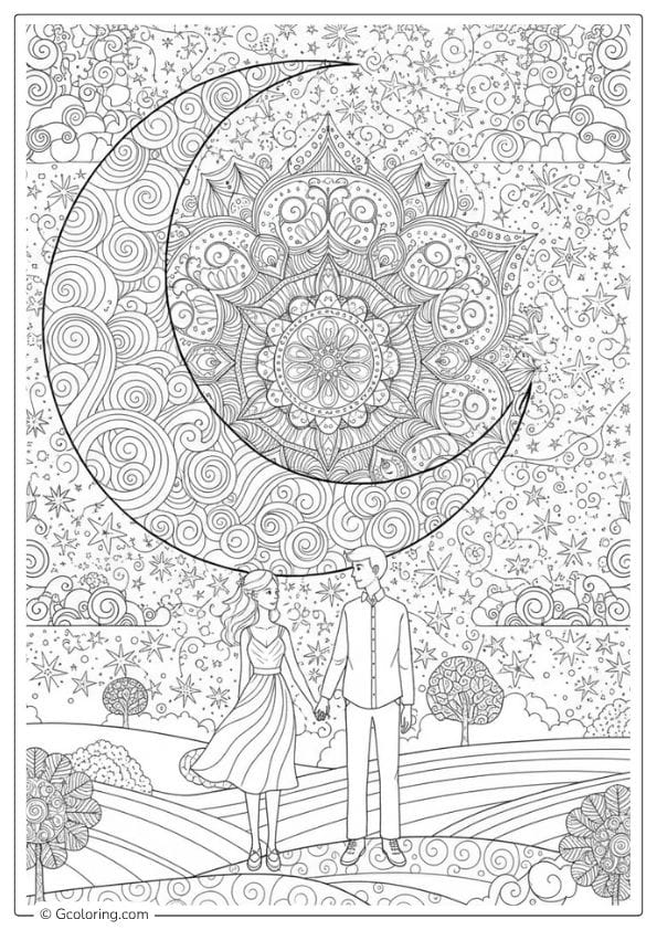 Romantic Moonlit Scene – love coloring pages for adults