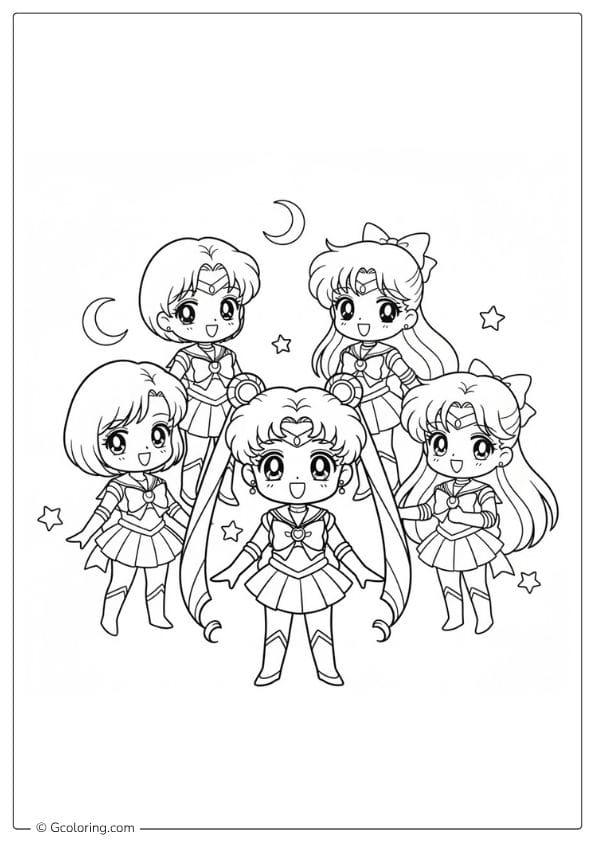 Sailor Moon Coloring Pages Simple Chibi Group