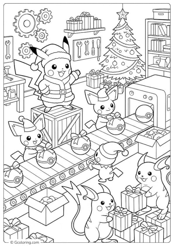 Santa Pikachu’s Gift Factory Coloring Pages