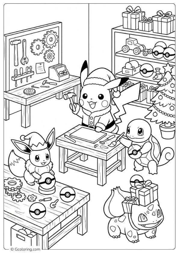 Santa Pikachu’s Workshop Coloring Pages