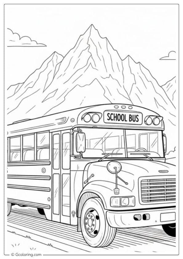 School Bus Coloring Pages – Bus with Mountains Background