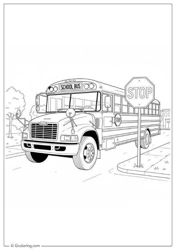 School Bus Coloring Pages – Bus with Road Signs