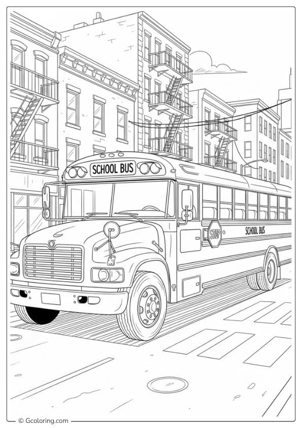 School Bus Coloring Pages – Street Scene with Bus