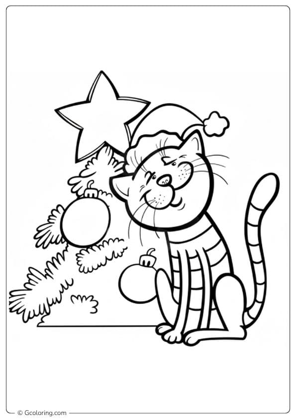 Simple Outline Christmas Cat Coloring Page