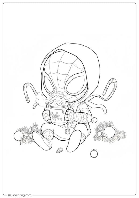 Simple Outline of Miles Morales Spiderman Enjoying Hot Chocolate Black and White Spiderman Christmas Coloring Pages