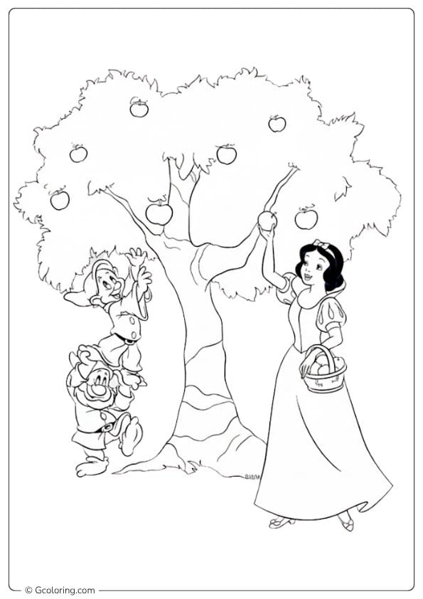 Snow White Picking Apples with Dwarfs snow white coloring pages