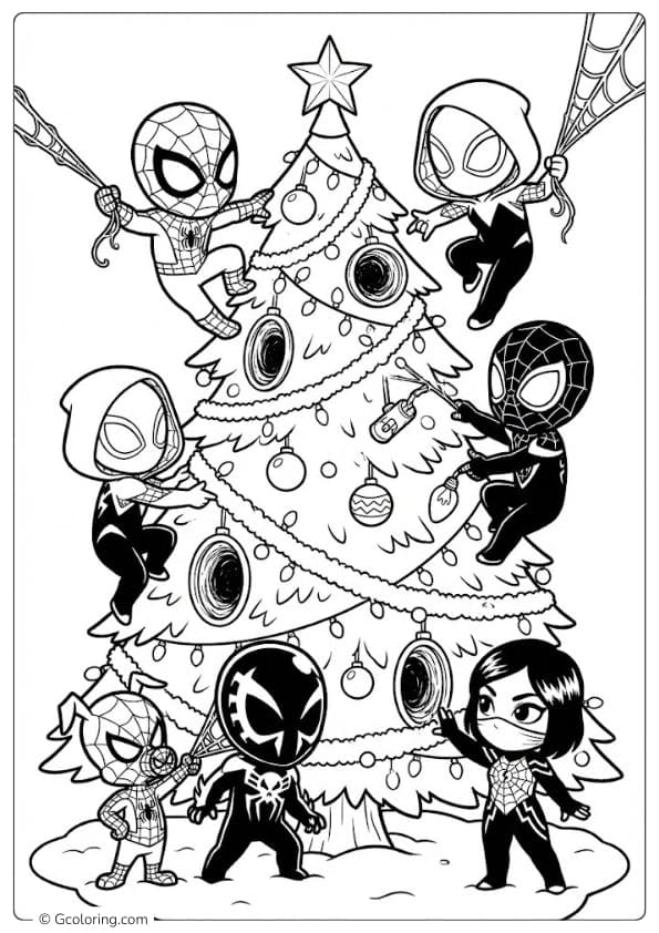 Spider Man Decorating the Multiverse Tree coloring pages