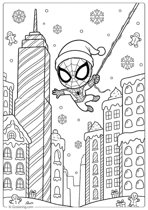 Spider Man Swinging Between Candy Canes Skyscrapers coloring pages