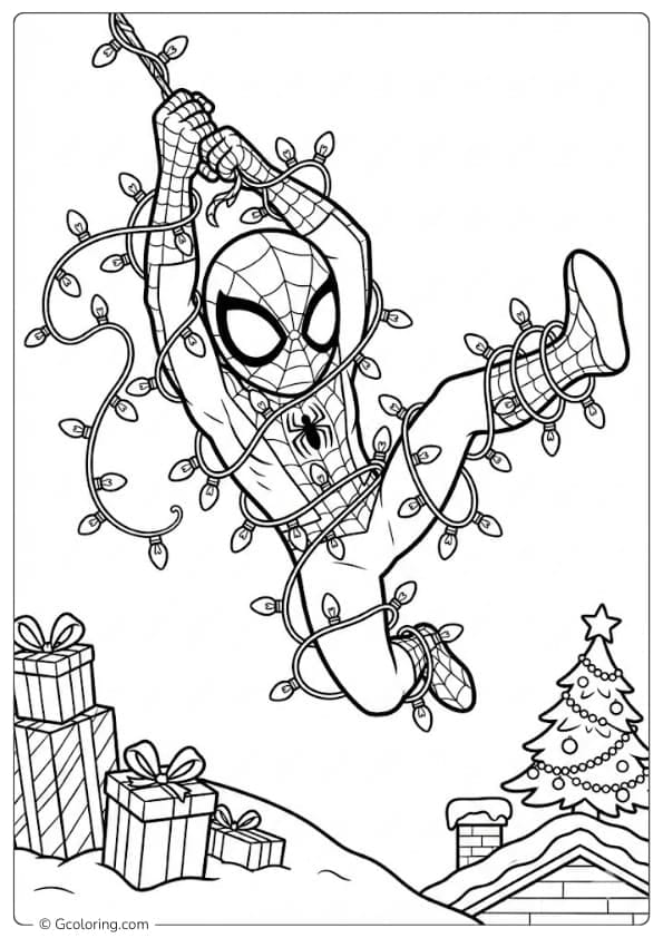 Spider Man Trapped in Christmas Lights coloring pages
