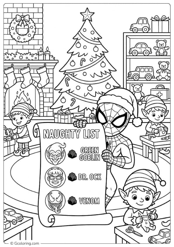 Spider Man vs The Naughty List coloring pages