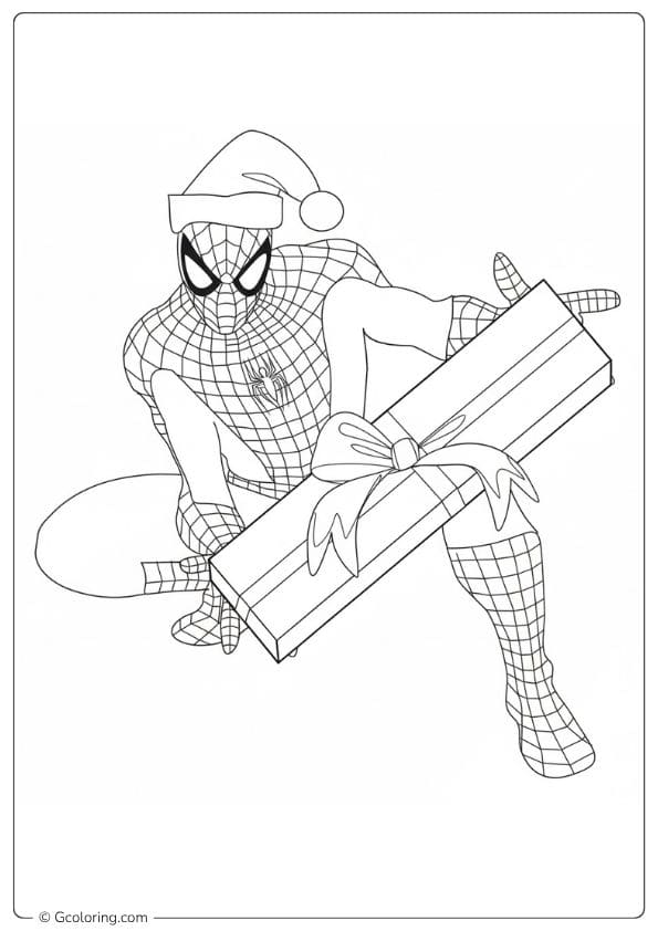 Spiderman with Christmas Hat and Presents Coloring Pages