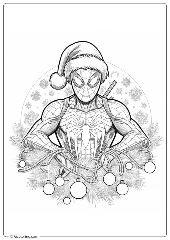 Spiderman with Wreath and Hat Christmas Coloring Pages