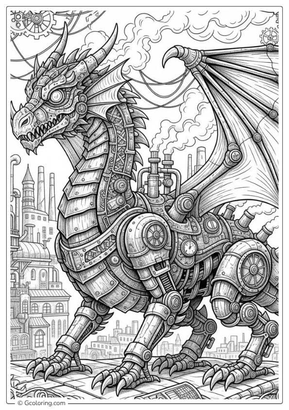 Steampunk Dragon Machine – dragon coloring pages for adults