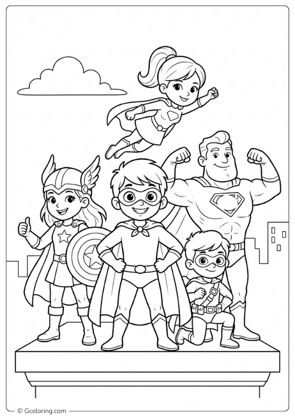 Superhero Team Group Pose Coloring Pages