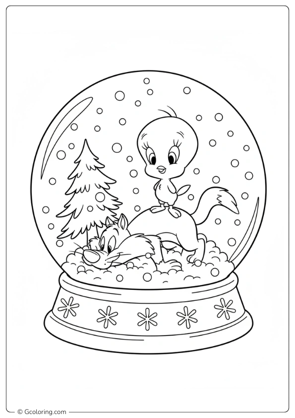 Tweety and Sylvester trapped in a snow globe Coloring Pages