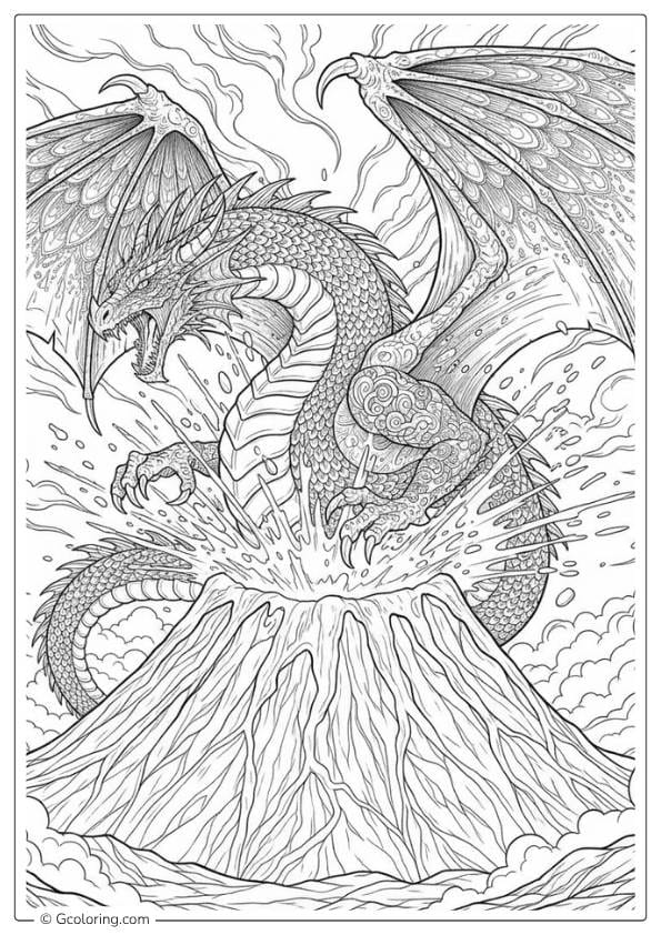 Volcano Dragon Power – dragon coloring pages for adults