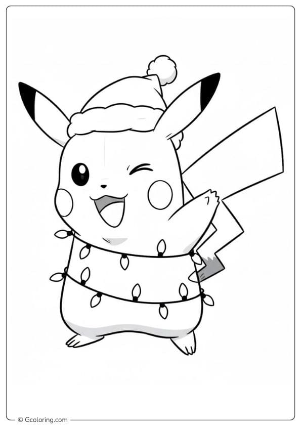 Winking Pikachu with Christmas Lights Coloring Pages Outline