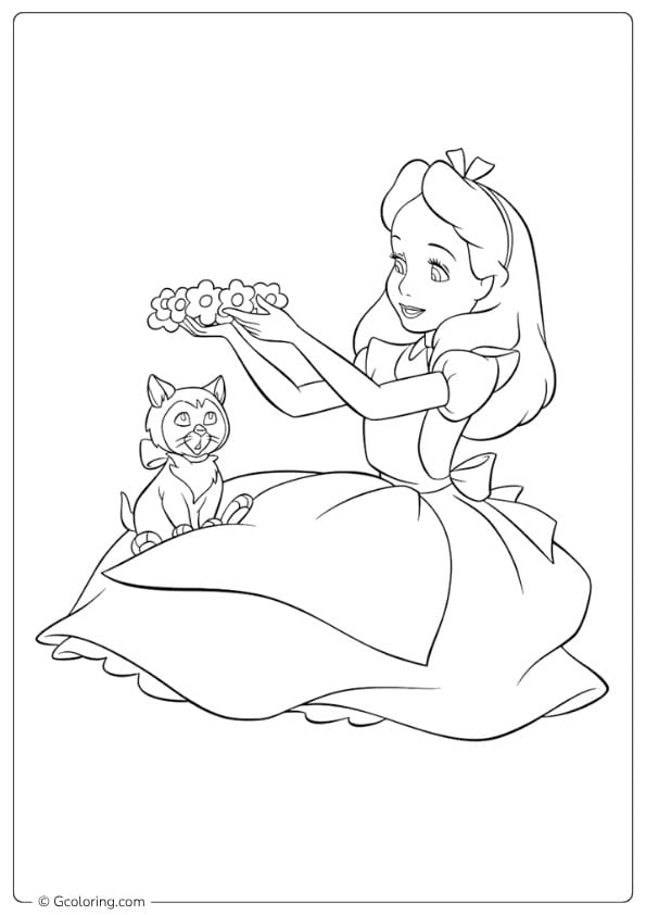 alice in wonderland coloring pages alice with flowers and cat