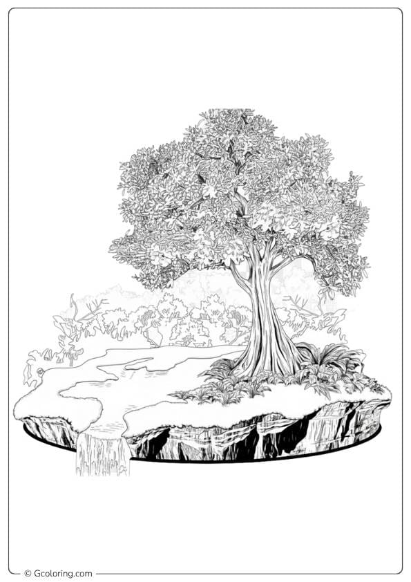 nature coloring pages floating island with tree and waterfall