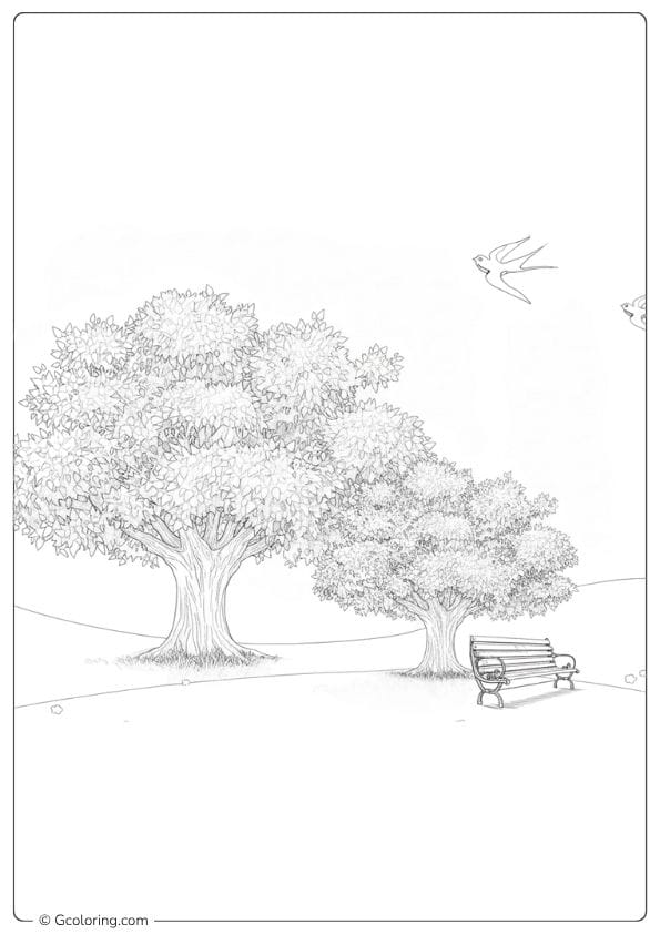 nature coloring pages park with trees and bench