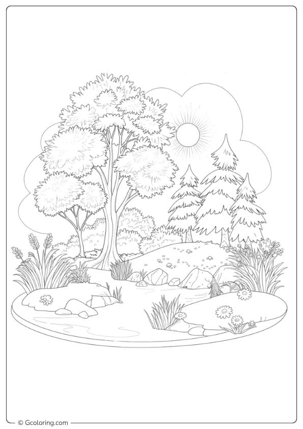 nature coloring pages sunny river scene