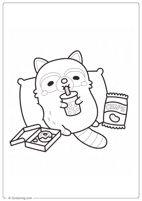 Relax and enjoy some bubble tea at Raccoon Coloring Page.
