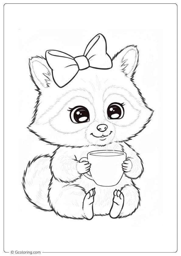 Raccoon Coloring Page drinks tea