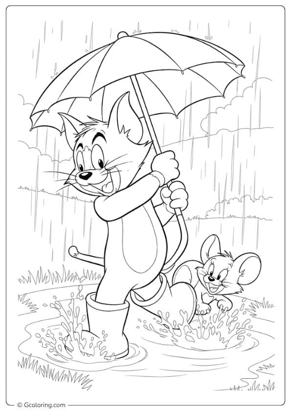 rainy day coloring pages Tom and Jerry in the rain
