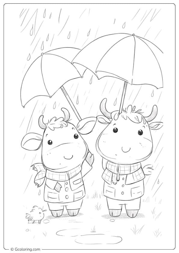 rainy day coloring pages cute cows in the rain