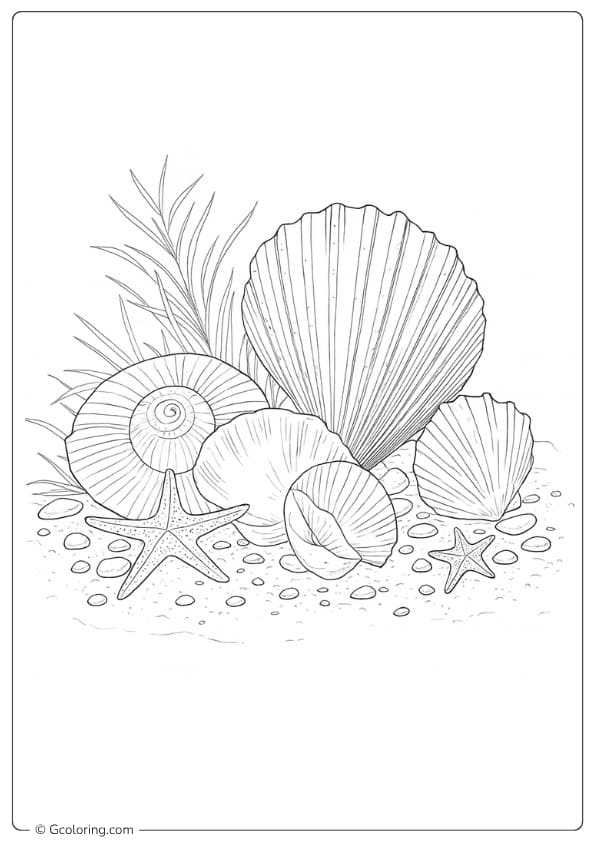 seashells coloring page and starfish rests on sandy ground with grass