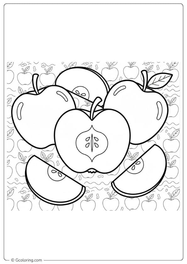 Apple coloring page featuring sliced apples and patterns