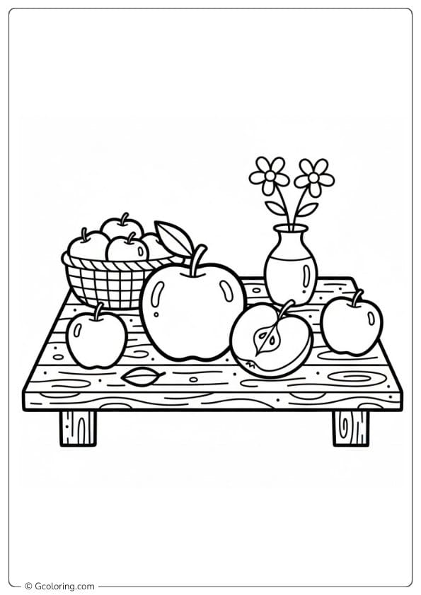 Apple coloring page of apple still life on table