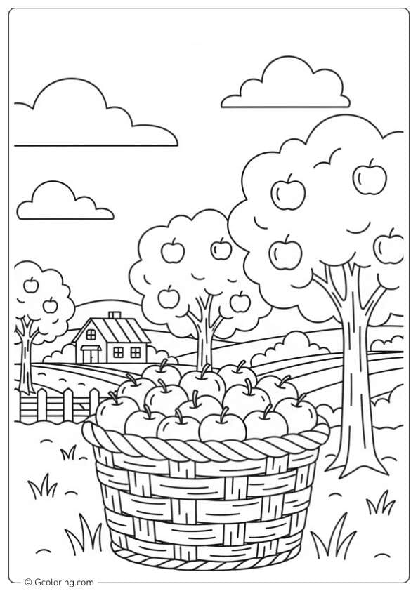 Apple coloring page with basket of apples on farm