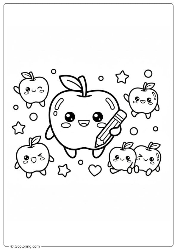 Apple coloring page with cute apple characters