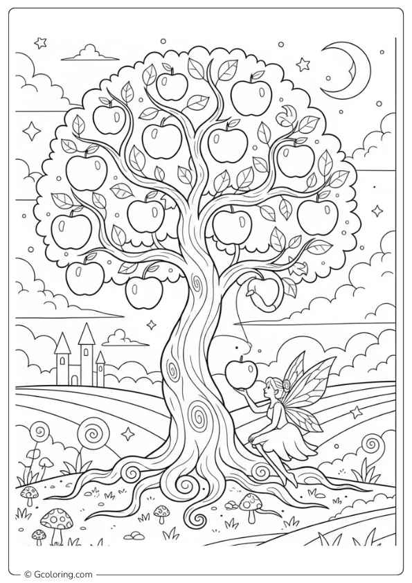 Apple coloring page with fairy apple tree fantasy style