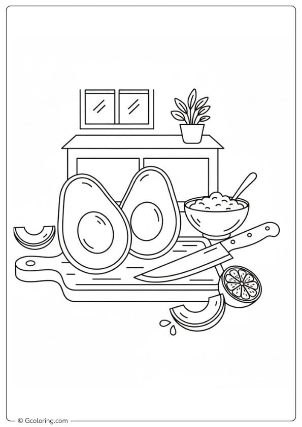 Avocado coloring page with kitchen cooking theme