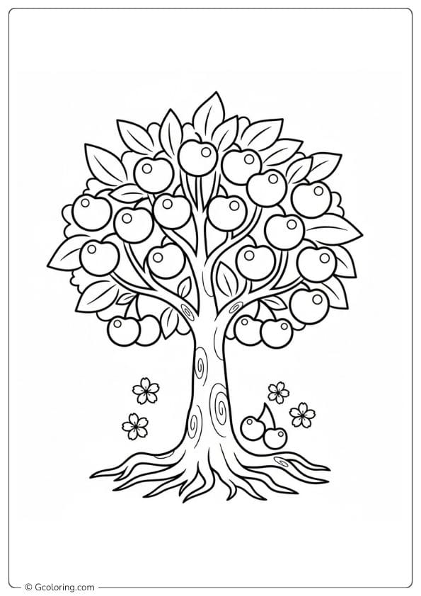 Cherry coloring pages featuring cherry tree detail